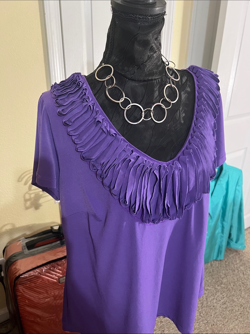 Cato Purple Short Sleeve Top with Ruffle-Trim V-Neck